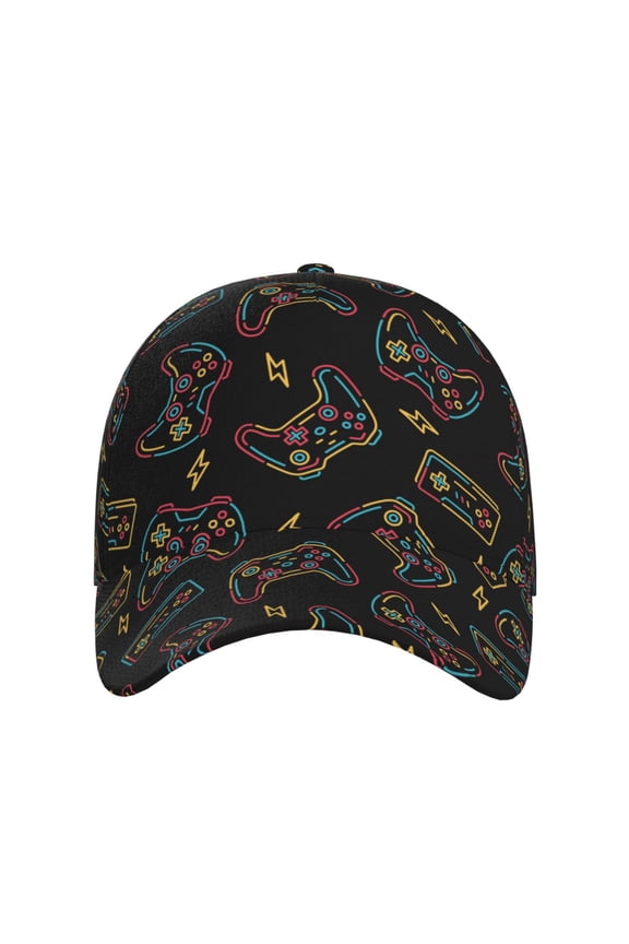 Colorful Game Controller for Baseball Cap: Unisex, crafted from classic polyester twill fabric, featuring a soft unconstructed design