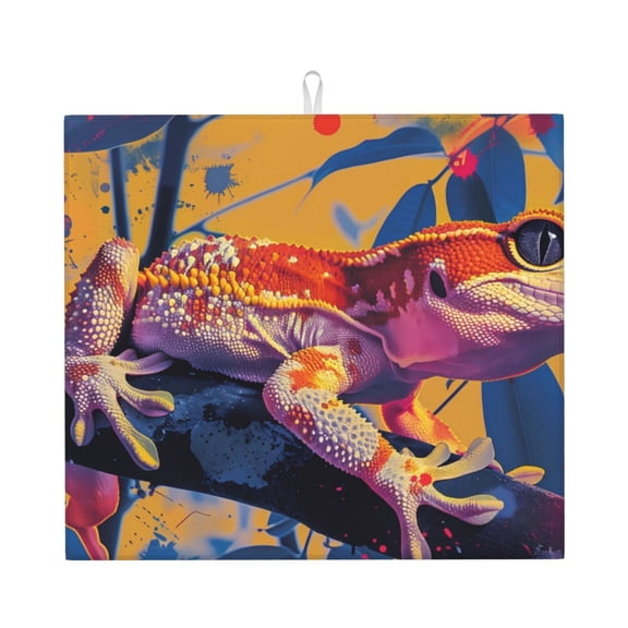 Xecao Colorful Gecko Jungle Art Print Dish Drying Mat for Kitchen Counter,Absorbent Coffee Bar Mat, Dish Drainer Rack Mats,Dining Room Decoration