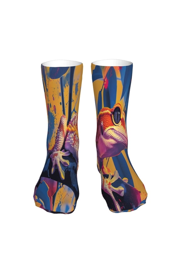 Colorful Gecko Jungle Art Print Fashion No Heel Casual Crew Socks Cushioned Breathable for Men Women - Moisture wicking,Not easy to fade Suitable for daily