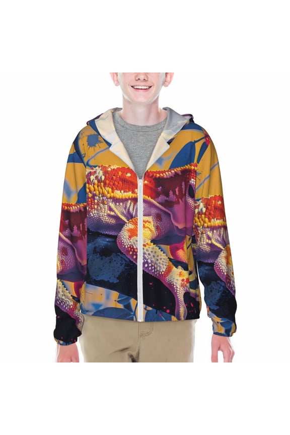 Colorful Gecko Jungle Art Print Fishing Shirts for teenager Long Sleeve UV Sun Protection Hoodie with Zipper Outdoor Hiking Shirts-X-Large