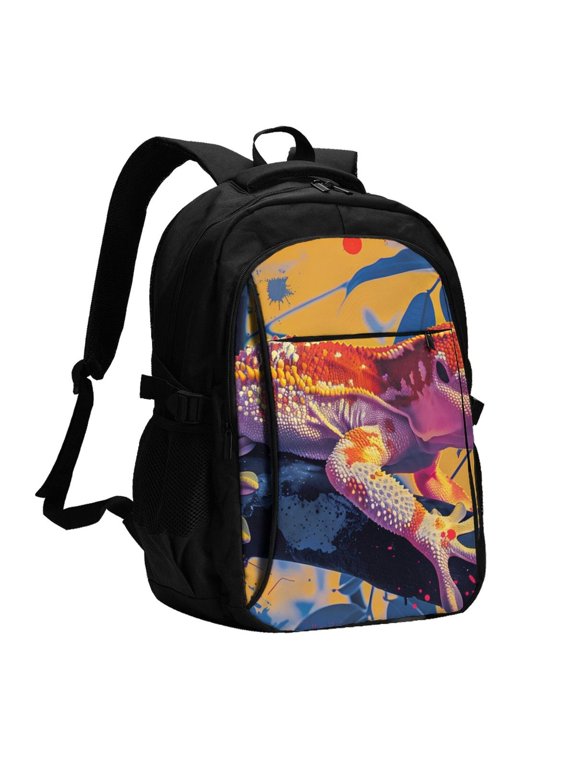 Colorful Gecko Jungle Art for Travel Laptop Backpack, USB-Charging-Enabled, Spacious Business Backpack for Men and Women,College School Computer Bag