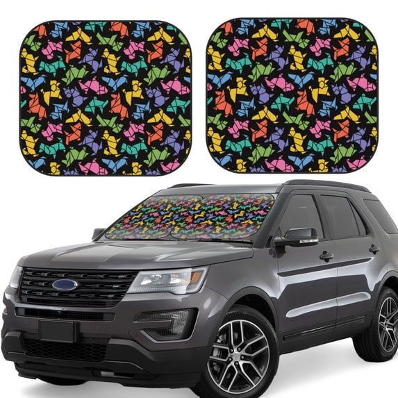 Xecao Colorful Geometric Dog for Foldable Car Sun Shades (2-Pack) offer sun protection with an easy-fold design for convenient windshield shading.