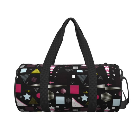 Xecao Colorful Geometry print Round Travel Duffel Bag is a foldable gym bag with an inner pocket, perfect for travel sports