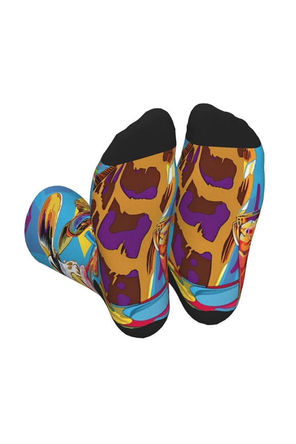 Colorful Giraffes with Drinks Print Crew Socks for Men and Women, Men's Soft Moisture-wicking Sock