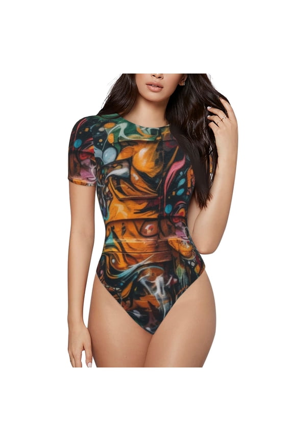 Colorful Graffiti Abstract Eye Pattern Women's Crew Neck Body Suit, Short-Sleeved Bodysuit and Basic Swimsuit,Both Comfort and Style for Dating and Daily life -Medium