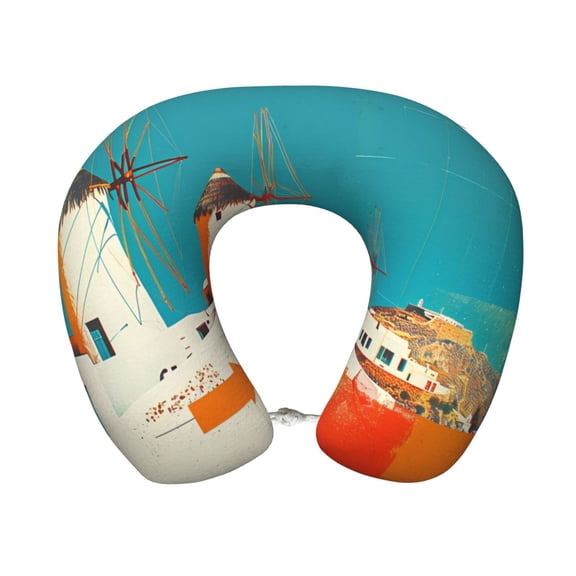 Xecao Colorful Greek Windmills Print Memory Foam Cervical Neck Pillow Versatile U-Shaped Pillows for Home,Office,Camping,Travelling,Soft Washable Cover