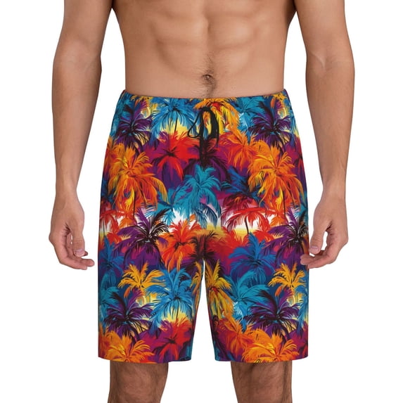 Xecao Colorful Hawaii Palms Print Men's Sleepwear Shorts Pajama Bottom Lounge Short nightwear with Convenient Pockets for Relaxed Home Wear-Medium