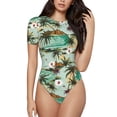 thumbnail image 1 of The Xecao Colorful Hawaii Palms Women's Crew Neck Body Suit, a short-sleeved bodysuit and basic swimsuit, both comfort and style for dating and daily life, 1 of 9