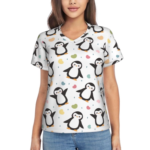 Xecao Colorful Hearts Penguin for Women's V-Neck T-Shirts-Elegant Half-Sleeve Tops Perfect for Summer-XX-Large