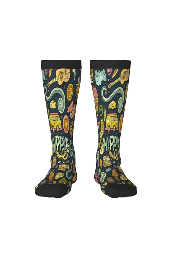 Colorful Hippie print thigh-high socks, crafted for both men and women with a stretchy, high-opaque design perfect for daily wear