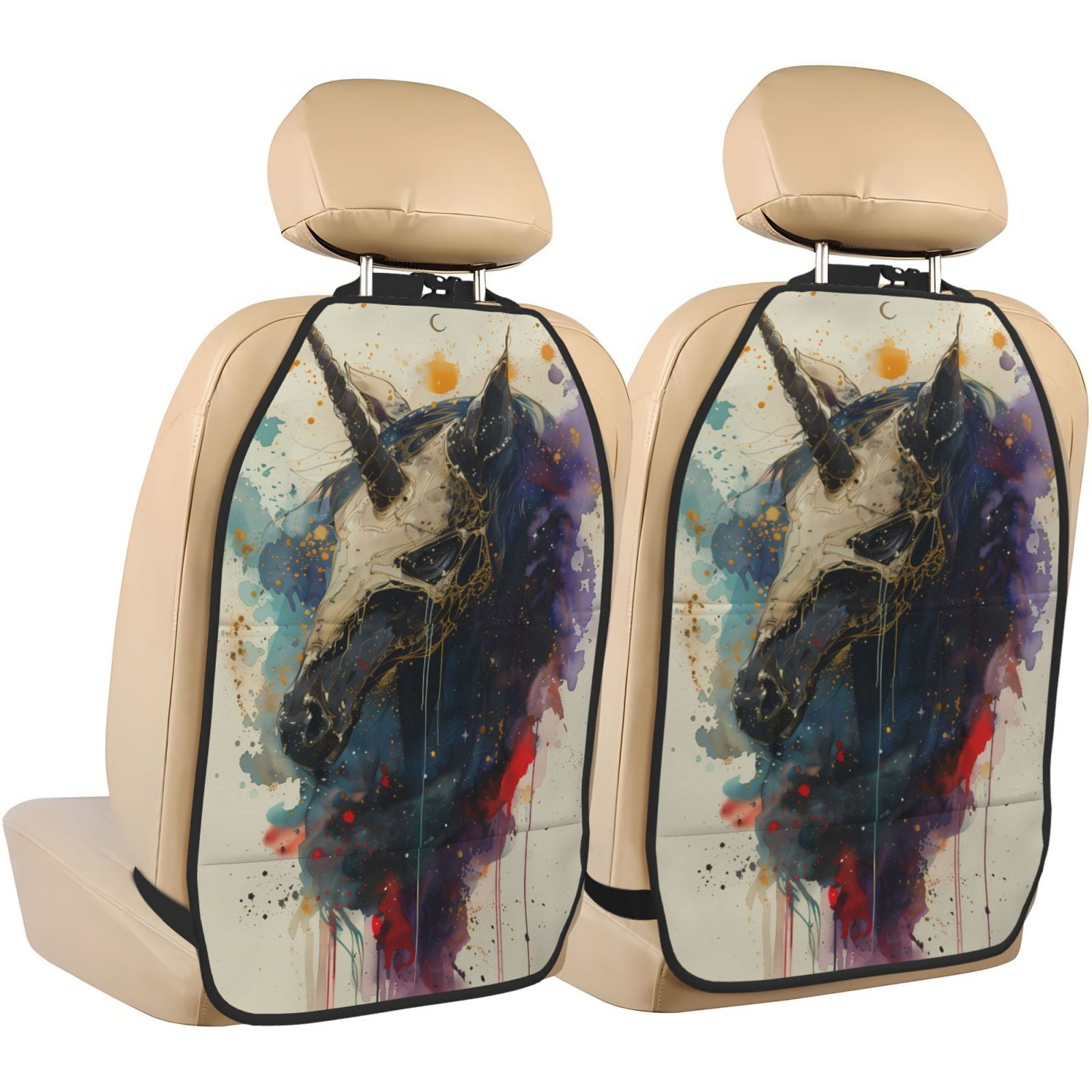 Xecao Colorful Ink Cute Horse Pattern Car Seat Back Protector 2 Pack Large Capacity Pocket, Kick Mats Back Seat Protector