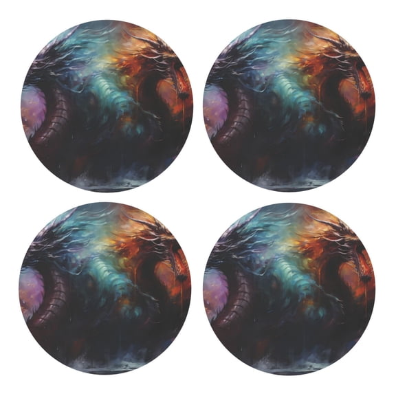 Xecao Colorful Ink Style Dragon for MDF Cork Coaster 4 Pcs,Drink Coasters,Suit for House Warming Gifts New Home ,Coffee Table Decor-Round Shape