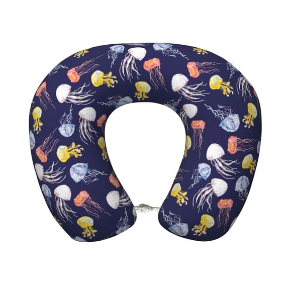 Xecao Colorful Jellyfish Print Memory Foam Cervical Neck Pillow Versatile U-Shaped Pillows for Home,Office,Camping,Travelling,Soft Washable Cover