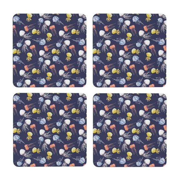 Xecao Colorful Jellyfish for MDF Cork Coaster 4 Pcs,Drink Coasters,Suit for House Warming Gifts New Home ,Coffee Table Decor-Square