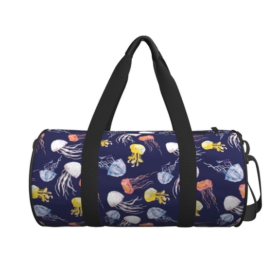 Xecao Colorful Jellyfish print Round Travel Duffel Bag is a foldable gym bag with an inner pocket, perfect for travel sports