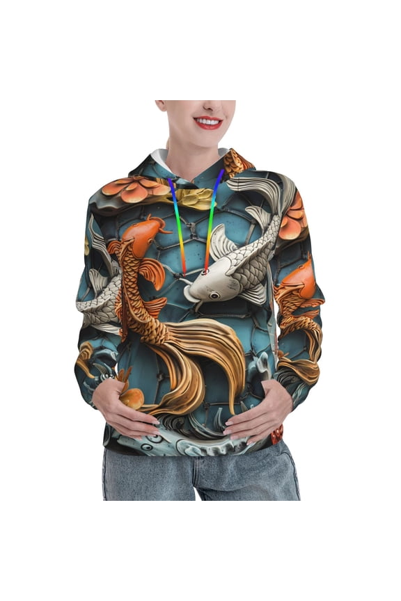 Colorful Koi Fish Art Pattern Hoodies for Women Sweatshirts Long Sleeve Sweatshirts Pullover Outfits with Pocket-Large