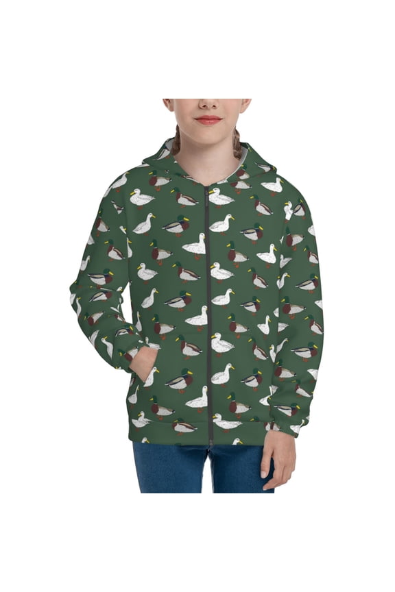 Colorful Mallard Duck Pattern Zip Up Hoodies for Boys Girls, Sweatshirt with Pockets-Small