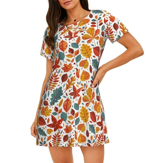 Xecao Colorful Maple Leaves for Women's Loose Nightgown Sleepwear Short Sleeves Shirt Casual Print Sleepdress