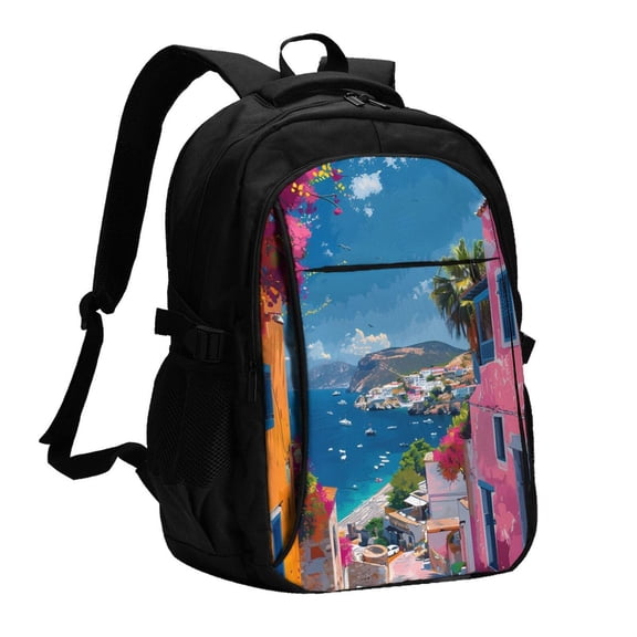 Xecao Colorful Mediterranean Village for Travel Laptop Backpack, USB-Charging-Enabled, Spacious Business Backpack for Men and Women,College School Computer Bag