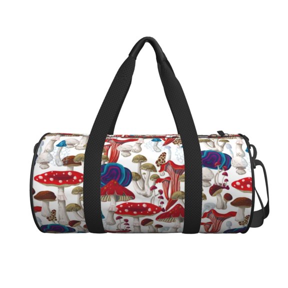 Xecao Colorful Mushrooms (2) print Round Travel Duffel Bag is a foldable gym bag with an inner pocket, perfect for travel sports