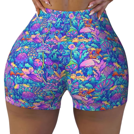 Xecao Colorful Mushrooms Print Workout Shorts for Women Soft Smooth Gym Yoga Scrunch Active Tennis Workout Running Shorts