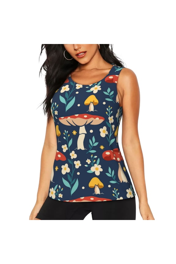 Colorful Mushrooms print women's scoop neck, loose-fit workout tank tops for the gym.