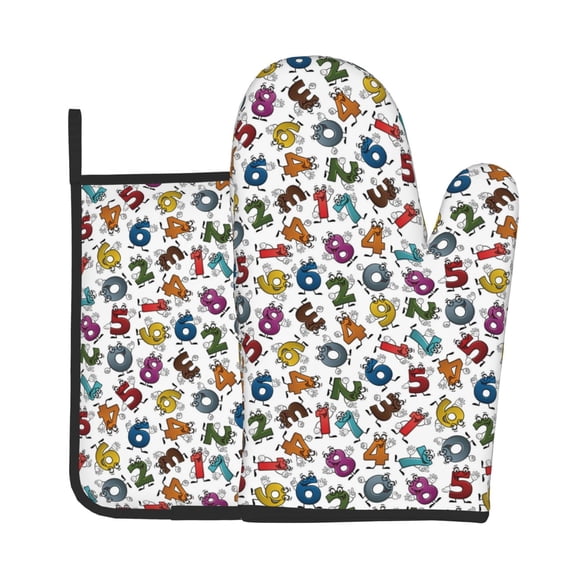 Xecao Colorful Numbers Pattern Oven Mitts and Pot Holders Sets Heat Resistant Silicone Oven Mittens Extra Thicken Long Kitchen Cotton Oven Glove for Cooking