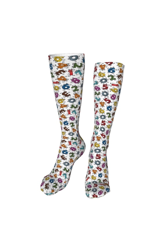 Colorful Numbers Print Calf Socks Seamless Toe, Knee High Long Socks, Sports Socks Trouser Socks for Women and Men-One Size