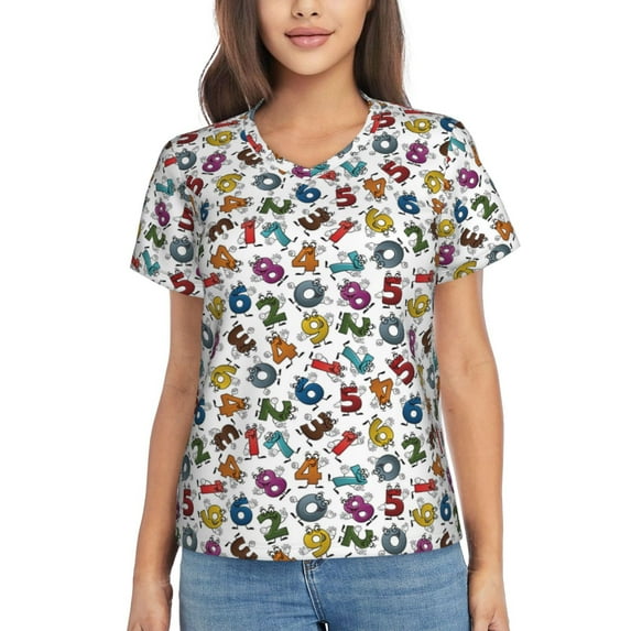 Xecao Colorful Numbers for Women's V-Neck T-Shirts-Elegant Half-Sleeve Tops Perfect for Summer-X-Large