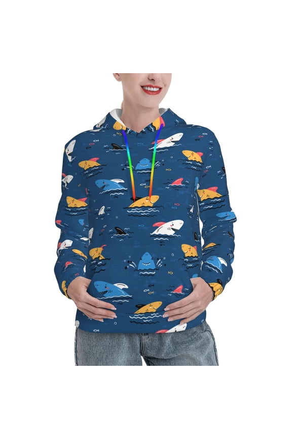 Colorful Ocean Shark Pattern Hoodies for Women Sweatshirts Long Sleeve Sweatshirts Pullover Outfits with Pocket-Large