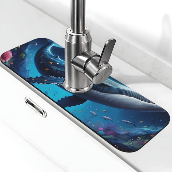 Xecao Colorful Ocean Whale for Kitchen Sink Splash Guard Faucet Mat , Faucet Guard & Draining mat, (15" X 5.5" )