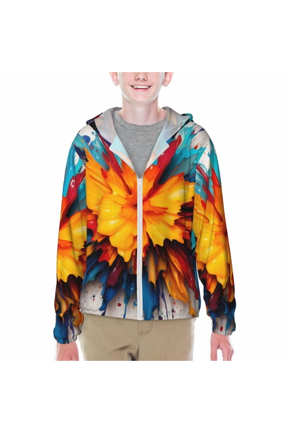Colorful Paint Print Print Fishing Shirts for teenager Long Sleeve UV Sun Protection Hoodie with Zipper Outdoor Hiking Shirts-Large