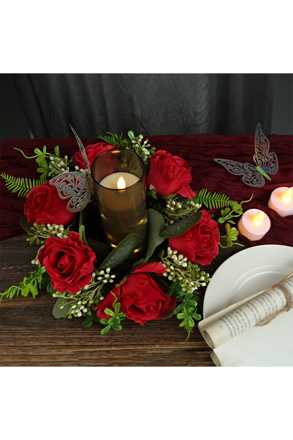 Rose Flower Wreath 11" Mini Candle Ring Artificial Floral Wreath for Front Door Wall Decor Wedding Centerpieces Mother's Day Spring Holiday Decorations