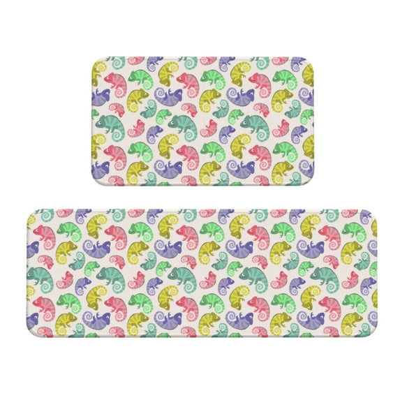 Xecao Colorful Pattern With Cute Chameleons Patten Kitchen Rugs and Mats Sets,2 Pieces Non-Slip Washable Rugs, Kitchen Mat for Floor,Suit for Kitchen Decor and Accessories