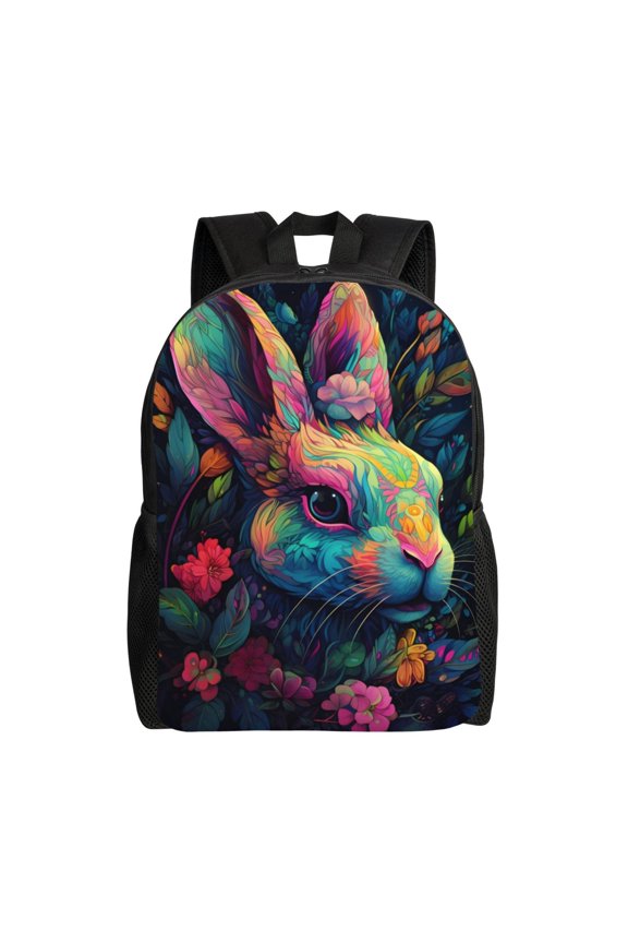 Colorful Patterned Rabbit Print School Backpack with Laptop Compartment Small Travel Laptop Backpack for Women Men Waterproof College Backpack Simple School Bag