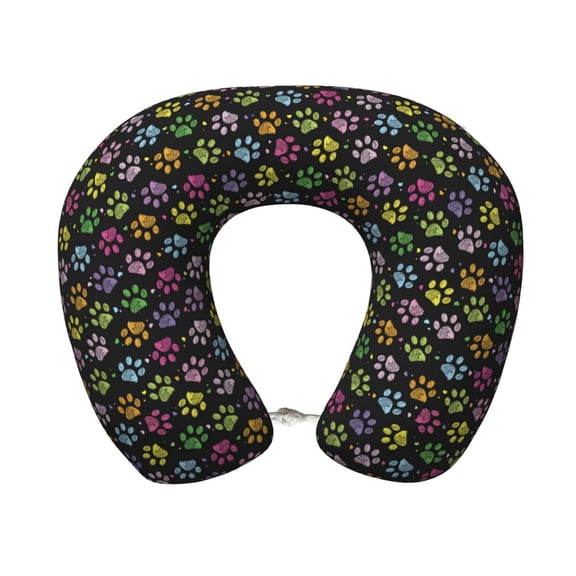 Xecao Colorful Paw Print Memory Foam Cervical Neck Pillow Versatile U-Shaped Pillows for Home,Office,Camping,Travelling,Soft Washable Cover