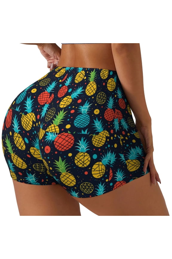 Colorful Pineapple Print Workout Shorts for Women Soft Smooth Gym Yoga Scrunch Active Tennis Workout Running Shorts-Large