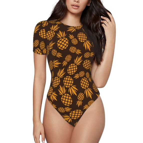 The Xecao Colorful Pineapple Women's Crew Neck Body Suit, a short-sleeved bodysuit and basic swimsuit, both comfort and style for dating and daily life