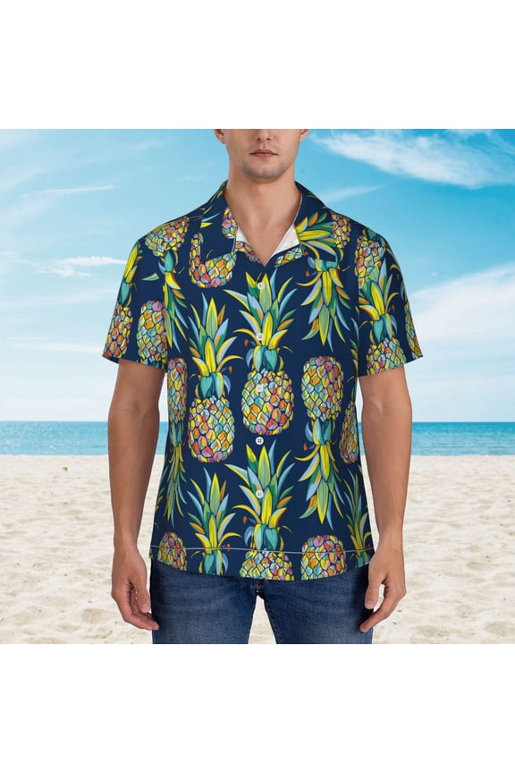Colorful Pineapples print Hawaiian shirt - a stylish short-sleeve button-down for men, perfect for casual beach and tropical outings.