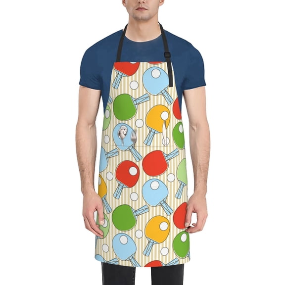 Xecao Colorful Ping Pong Rackets1 Print Kitchen Cooking Aprons, Waterproof Adjustable Bib Aprons with 2 Pockets for Women Men Chef