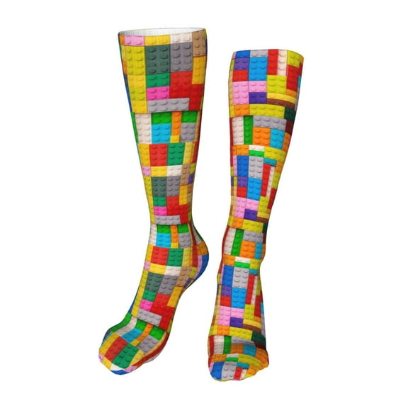 Xecao Colorful Plastic Blocks Pattern Print Calf Socks Seamless Toe, Knee High Long Socks, Sports Socks Trouser Socks for Women and Men-One Size