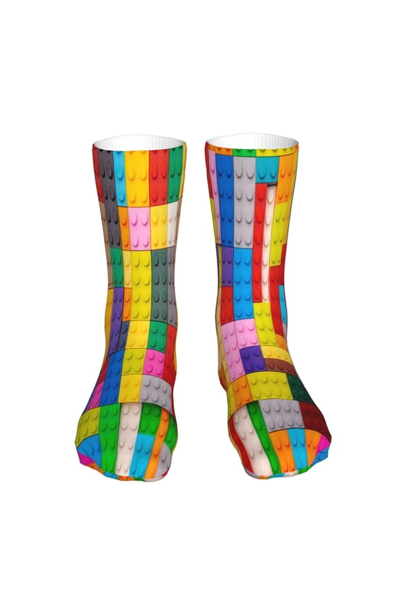 Colorful Plastic Blocks Pattern Print Fashion No Heel Casual Crew Socks Cushioned Breathable for Men Women - Moisture wicking,Not easy to fade Suitable for daily
