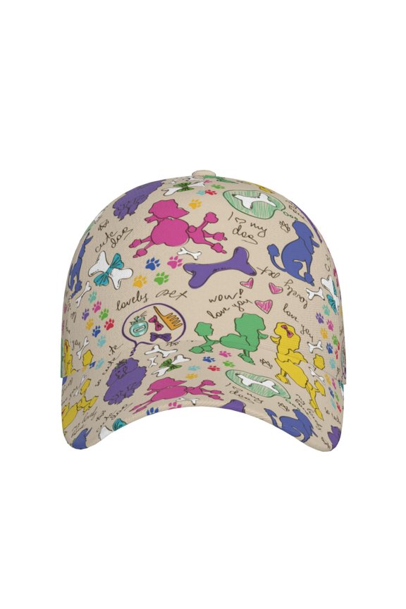 Colorful Poodle Dog for Baseball Cap: Unisex, crafted from classic polyester twill fabric, featuring a soft unconstructed design
