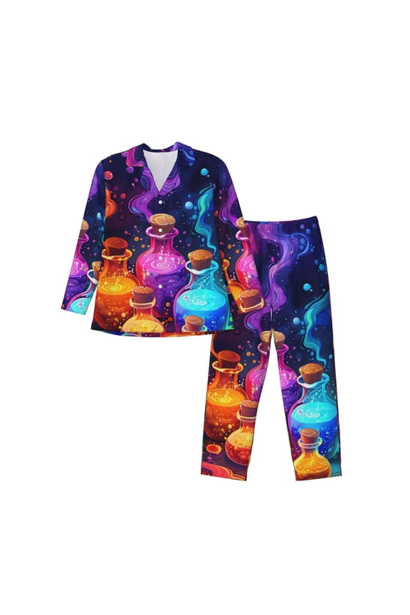 Colorful Potion Bottles Magic Print Pajamas Set Mens Pajamas Long Sleeve Loungewear Two-Piece Sleepwear Button-Down Pjs Set,2PJS-Small