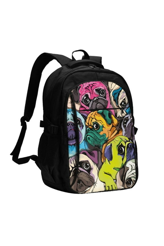 Colorful Pug for Travel Laptop Backpack, USB-Charging-Enabled, Spacious Business Backpack for Men and Women,College School Computer Bag