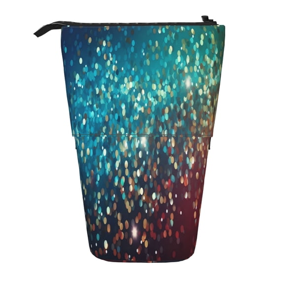 Xecao Colorful Rainbow Glitter Print Telescopic Pencil Bag Pen Holder Pop Up Stationery Case Stand-up Retractable Transformer Bag Standing Organizer