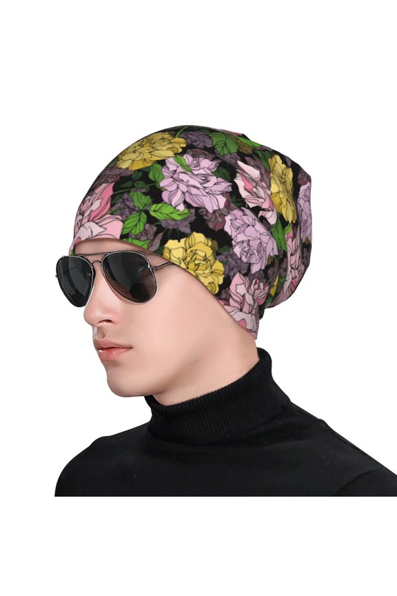 Colorful Roses Print Beanie Knitted Hat for Men Women, Winter Fashion Knit Cuffed Caps Unisex