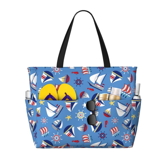 Xecao Colorful Sailing Ship for versatile beach bag for women includes zipper pockets and waterproof material, ideal for vacations and adventures.