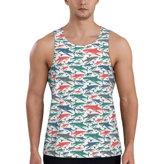 Xecao Colorful Shark Men's Tank Top Workout Quick Dry Sleeveless Gym Jogging Muscle Shirts Summer Swim Beach Tops