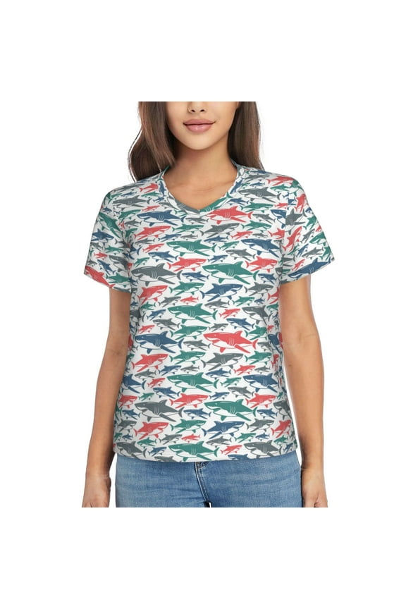 Colorful Shark for Women's V-Neck T-Shirts-Elegant Half-Sleeve Tops Perfect for Summer-Large
